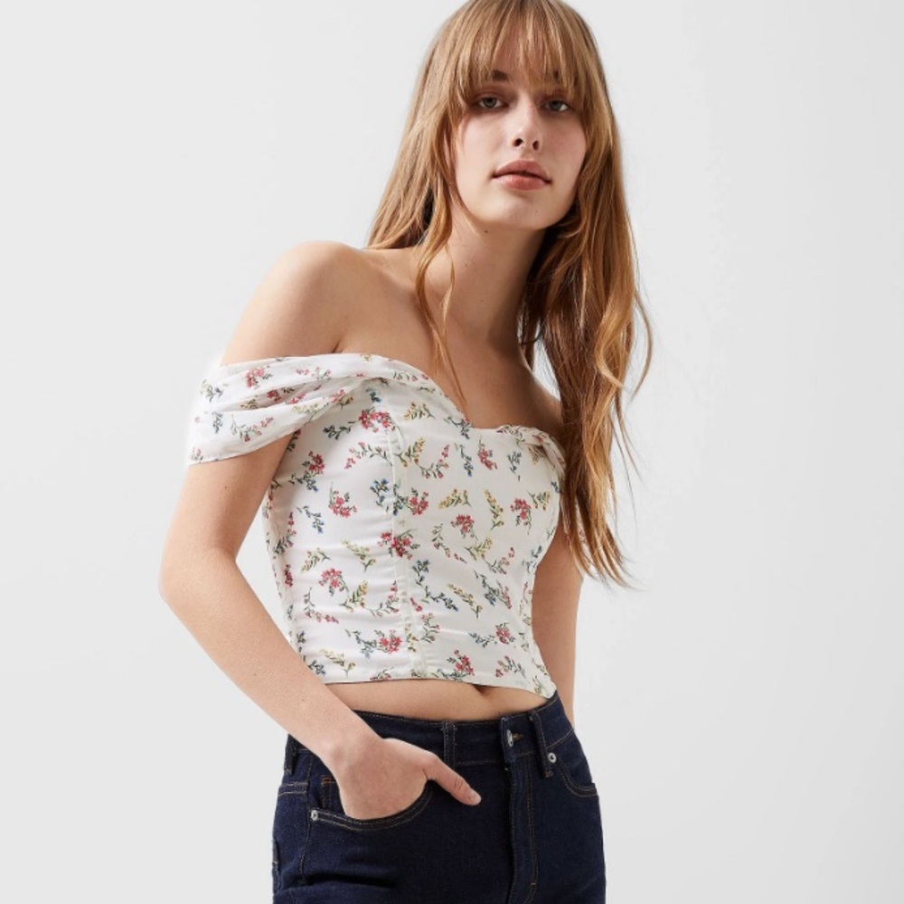 French Connection Floral Crop Top Floriana Hallie White Floral Print Large NWT